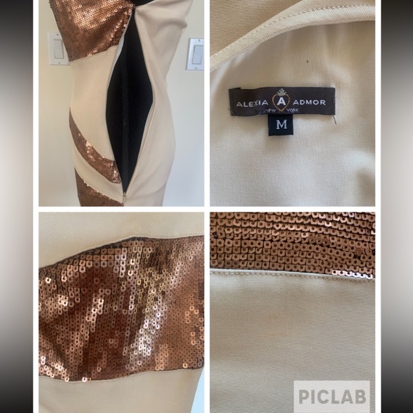 ALEXIA ADMOR One Shoulder Beige Sequins Fitted Bodycon Cocktail Party Dress Sz M - Picture 11 of 12